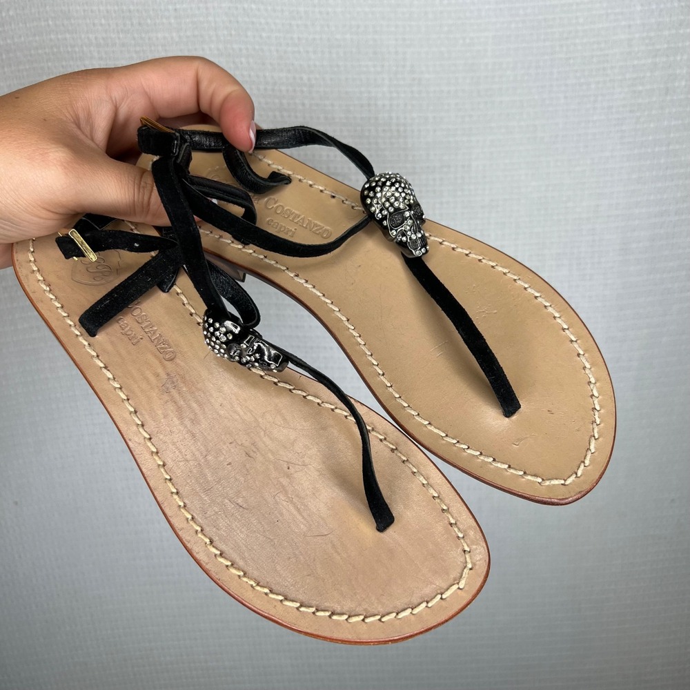 Da Costanzo Capri Manecapri Skull Embellished Thong Sandal Leather Made in Italy